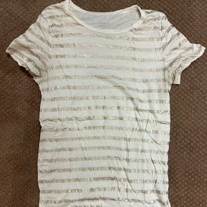 J Crew Tissue T Shirt White Gold Stripe Short Sleeve Round Neck Womens Small